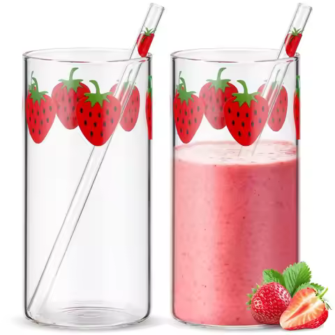 1/2 Piece 16oz Juice Cup with Glass Straw Milk Coffee Cup Berry Pattern, Easy to Clean Reusable for 