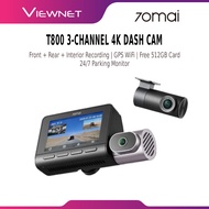 70mai T800 3-Channel Dash Cam 4K Front + Rear + Interior | Digital Camcorder | Built-in GPS WiFi | F