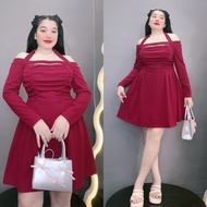 Đầm Đi Tiệc Bigsize Trễ Vai Nhún Ngực Có Dây Cổ Tay Dài Xếp Ly Dáng Xòe Sang Chảnh Tôn Dáng Chất Nỉ