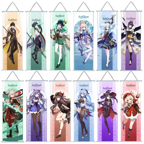 Genshin Impact Anime Paintings Fabric Cloth Poster Wall Scroll Hu Tao Zhongli Xiao Itto Gorou Venti 