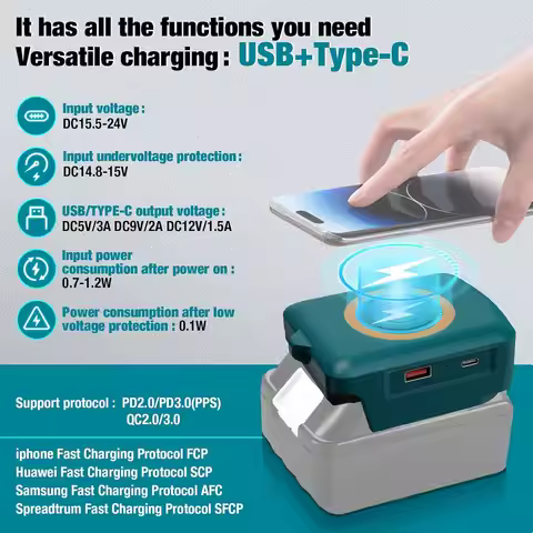 Portable Wireless Charger for Makita 18V Battery – 15W Fast Charging Dock for iPhone, Samsung, AirPo