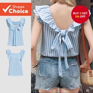 B131-5-Striped Ruffle Back Tie Vest-TKB131P1D987  B131-5-Kamisol belakang bertali reben ruffle berco