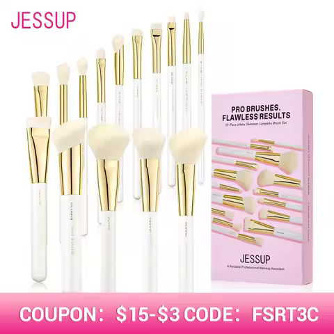 Jessup 15pcs Makeup Brushes Set Synthetic Soft White Shimmer Handle Foundation Contour Concealer Eye