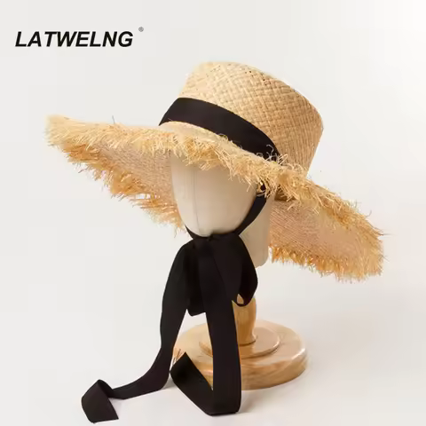 Fashion Ribbon Girl Sun Hat 52cm Head Size Kids Summer Beach Hats Women Raffia UV Hats 57 Head Size 