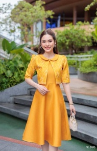 N695👍 ชุดเดรสผ้าฝ้ายทอลาย(ว) เสื้อกั๊กแต่งปก แขนศอก กระโปรงบานทรงย้วย งานอัดกาวทั้งชุด ซิปซ่อนหลัง