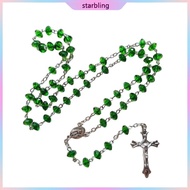 Star Green Stones Rosary Cross Necklace Christian VirginMary Center Accessories Sweater Chain Church