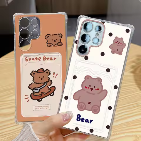 Cute Bear Card Slot Holder Phone Case For Samsung S24 FE A54 A55 A34 A52 A33 A35 A06 A16 A15 A14 S24