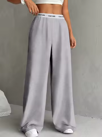 Women's Wide-Leg Sweatpants (4 Colors) "CULTURE" Waistband Loose Fit Casual Lounge Pants