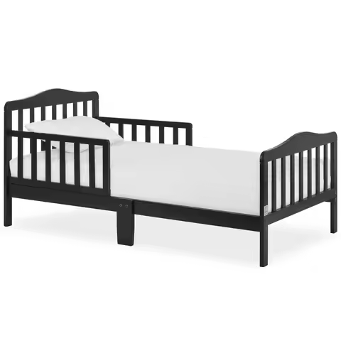 Classic Toddler Bed Black, Low Floor with Safety Rails, Non-Toxic Wooden Nursery Furniture