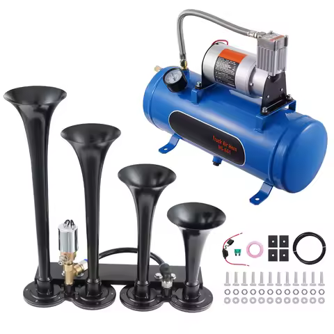 SucceBuy Train Horns Kit 4 Trumpet Air Horn Kit 150dB Train Horns 12V Air Compressor with 3/6/10L Ta