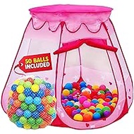 Playz Ball Pit Princess Castle Play Tent for Girls w/ 50 Balls Included - Pop Up Children Play Tent for Indoor &amp; Outdoor Use - Playland Playhouse Tent w/ &amp; Glow in The Dark Stars &amp; Zipper Storage Case