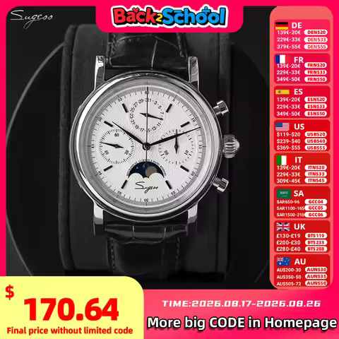 Sugess Men Watch Original Movement ST1908 Mechanical Calendar Chronograph Vintage Moonphase Wristwat