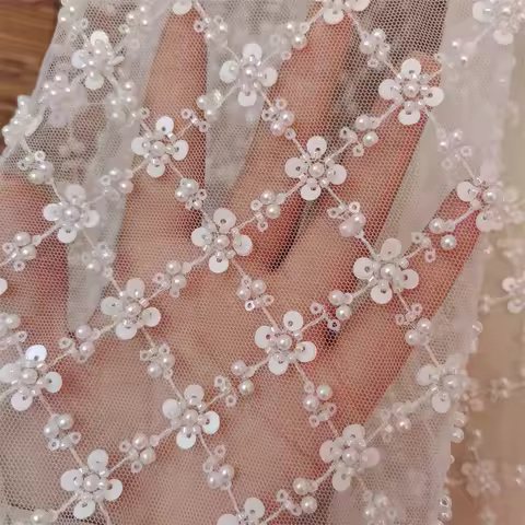 Quality Sequins and Beads Embroidered Mesh Lace Fabric Wedding Dress Decoration Fabric DIY Curtains 