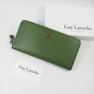 Guy Laroche กระเป๋าสตางค์ผู้หญิงใบยาว ซิปรอบ สีเขียว หนังลาย อะไหล่สีทอง หนังแท้ 100%