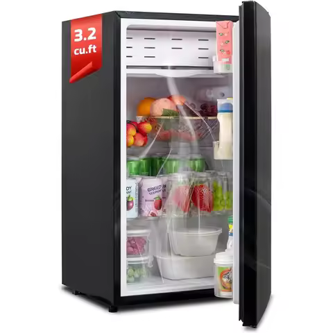 3.2 Cu.Ft Dorm Fridge Single Door Compact Refrigerator with Freezer Black Office Fridge 110V Low Noi