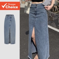Lovito Women's Casual Blue Denim Skirt, Front Split with Zipper, Spring/Summer  Lovito Skirt Denim W