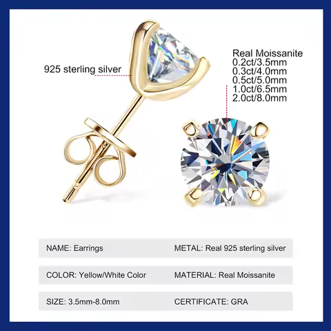 Sweetrain GRA Certified 0.2-2CT Real Moissanite Stud Earrings D Color VVS1 Lab Diamond Earring Women