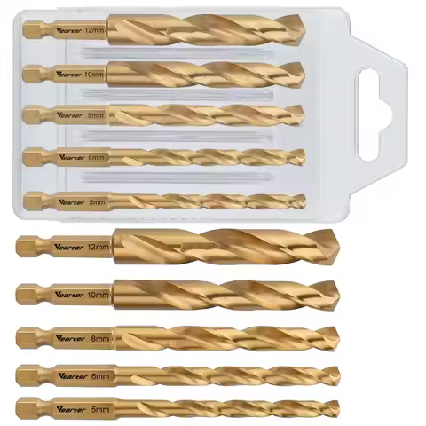 Vearter 5Pc 5-12mm HSS M2 Titanium Plated Twists Drill Bits With 6.35mm Hex Shank Electric Drill for