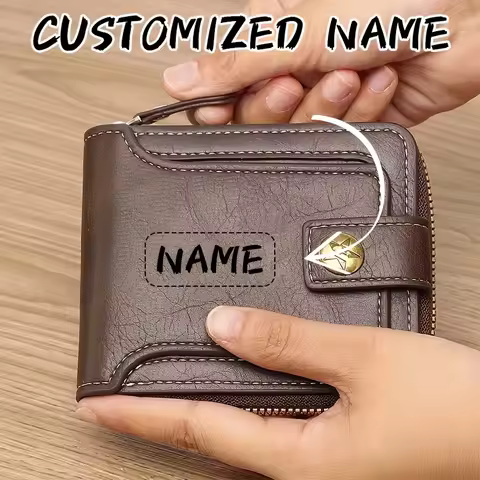 Custom Name Men's PU Wallet, Compact Metal Texture Zip Card Case with Coin Pocket, Personalized Gift