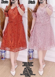 DRESS NATAL TANGAN PENDEK MEWAH SIMPLE DAN ELEGAN-DRESS WANITA PAYET MUTIARA BAHAN TILE BROKAT