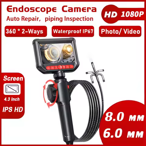 6.0mm/8.0mm Endoscope Camera Two-Way Rotary 360° Industrial Piping Borescope Inspection with 4.3 Inc