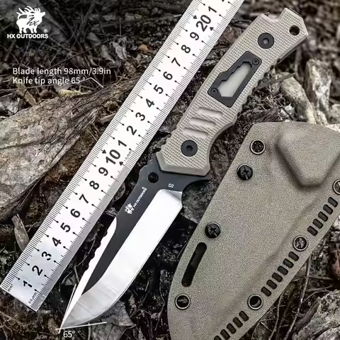 HX Outdoors Hunting Knife,D2 Cool Knife,60Hrc Survival Camping Rescue Knife,Gift for Man With Kydex