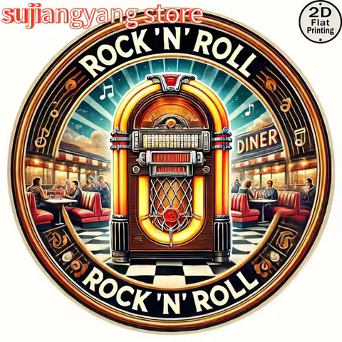 1pc 2D Flat Printing, "Rock and Roll Jukebox" Retro 8x8 Round Metal Wall Tin Sign, Metal Art Decorat