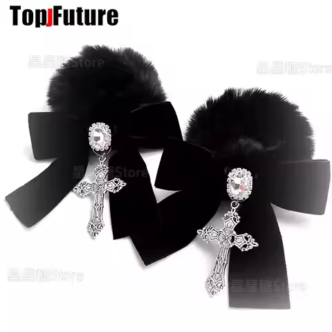 Y2K girl Bling Bling women gothic lolita cosplay Harajuku Punk cross velvet bow furry hair loop hair