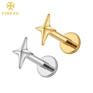 FINE4U ASTM F136 Titanium 16G Four-Pointed Star Cartilage Earring Helix Tragus Stud Flatback Labret 