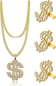 90s Necklace Rings Set 80s Outfit for Women Hip Hop Party Gold 80s/ 90s Rapper Accessories Dollar Si