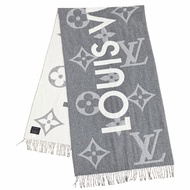 成色極佳 ◇LOUIS VUITTONM73455 Echarpe Monogram Capital 羊絨流蘇圍巾，灰色/米白色，英國製造，正品，女士