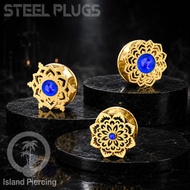 Mandala Stainless Steel Plug Piercing Earrings gold Color Epoxy Ear-tunnel Color Darkbiru