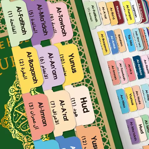 125 Quran Chapter Tabs in English&Arabic-114 Surah Labels&11 Blank Tabs, Colorful Islamic Study Acce