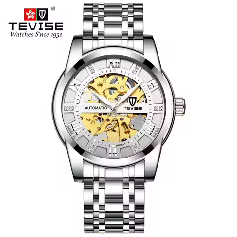 TEVISE Men's Business Watch Elegant Hollowed-Out Design Fashionable Solid Stainless Steel Strap Gent