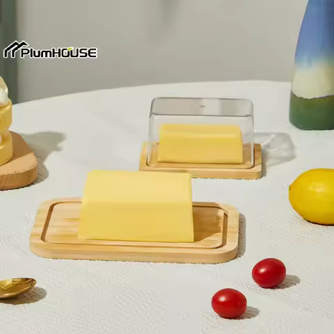 Countertop Bamboo Butter Dish Plate w/Transparent Acrylic Lid Kitchen Storage Butters Container Box 