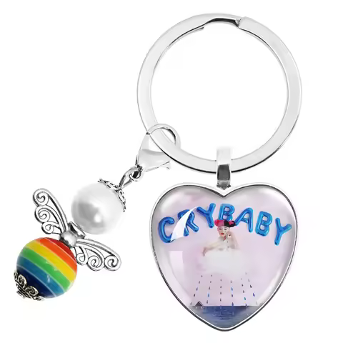 Melanie Martinez Crybaby Glass Heart Shaped Cabochon Pendant Keychain Colorful Angel Wings Bead Acce