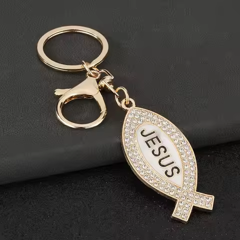 New Luxury Jesus Symbol Culture Keychain 3 Colors Crystal Metal Holder Pendent Keyring Car Bag Decor