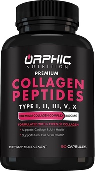 ORPHIC NUTRITION Collagen Peptides Capsules for Women,1800mg Multi Collagen Pills Types I, II, III, 
