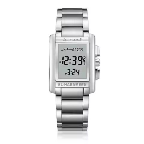 Azan Watch for Muslim Prayer with Qibla Compass Islam Al-Harameen Fajr Time Clock Including Hijri Ca