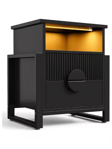 Fluted Nightstand with Charger Station Strip Lights, 20.47" W Night Stand with 2 Drawers, Large Acce