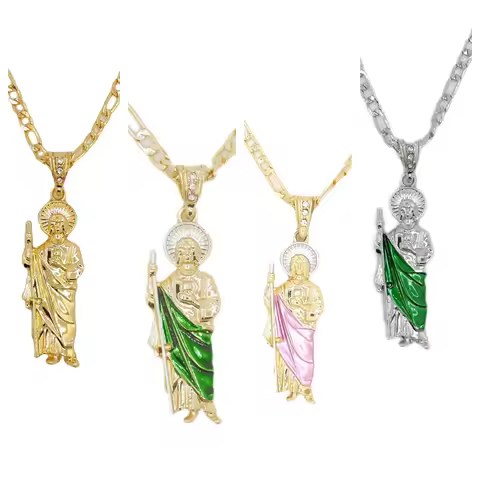 Saint Jude Necklace 14K Gold Plated San Judas Pendant Figaro Chain