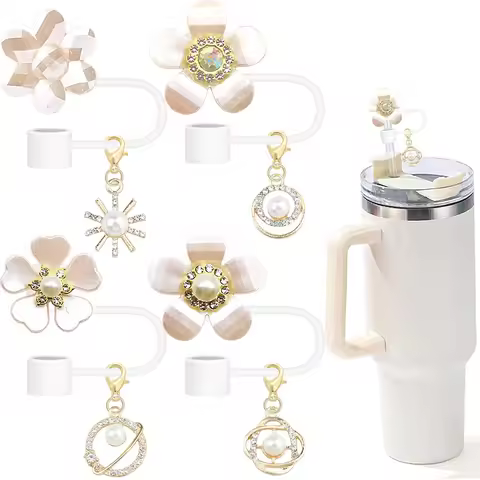 10mm Straw Toppers Set 4pcs Pearl Flower Straw Covers Cap with Clip-on Charms for Stanley 30oz 40 0z