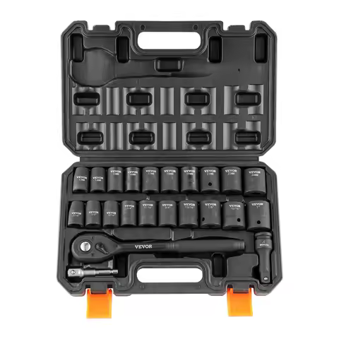 VEVOR 23PCs 1/2" Drive Impact Socket Set Socket Set SAE (7/16" -1")& Metric (13-24mm) 6 Point Cr-V A