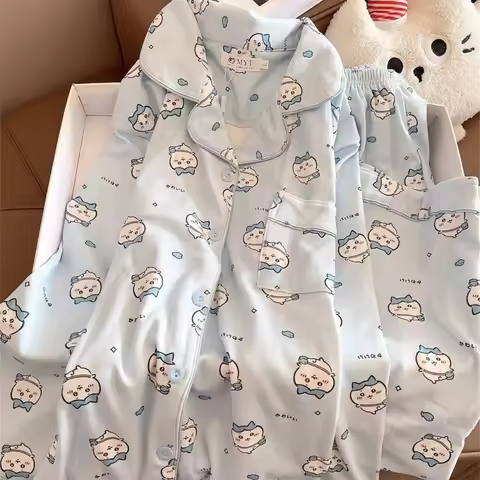 ちいかわ Women Pajamas Set Spring Autumn Long Sleeve & Pants Cartoon Loungewear Soft Home Wear for Stude