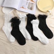 Y2k women's high-neck socks with lace trim and cute bows, suitable for matching shoes or doll shoes