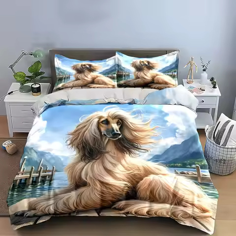 3Pcs Scenic Dog Bedding Set, Graceful Afghan Hound on Mountain Lake Dock Print Duvet Cover, great ho