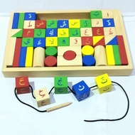 Meronce Balok Bangunan Huruf Hijaiyah Cityblock Mainan Edukasi Anak