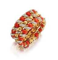 Chantecler Three Gold, Coral and Diamond Cuff-Bracelets
