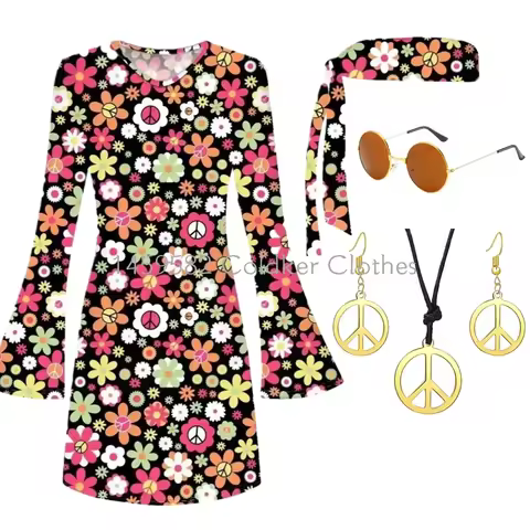 70s Women Hippie Disco Dress Costumes Necklace Earrings Glasses, 60's 70's Peace Love Birthday 5pcs 