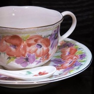 靜雅花影 | 日牌NARUMI 紫色橙紅色花茶杯，碟，匙羹 套裝 | 典雅收藏 |  NARUMI Flower Teacup, Saucer, and Spoon Set | New old sto